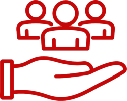 A red line-art icon of an open hand cradling a group of three stylized people.