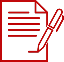 Red outline icon of a pen signing a document.