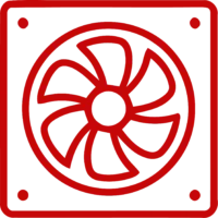 Red line-art icon of a square computer cooling fan with five blades.