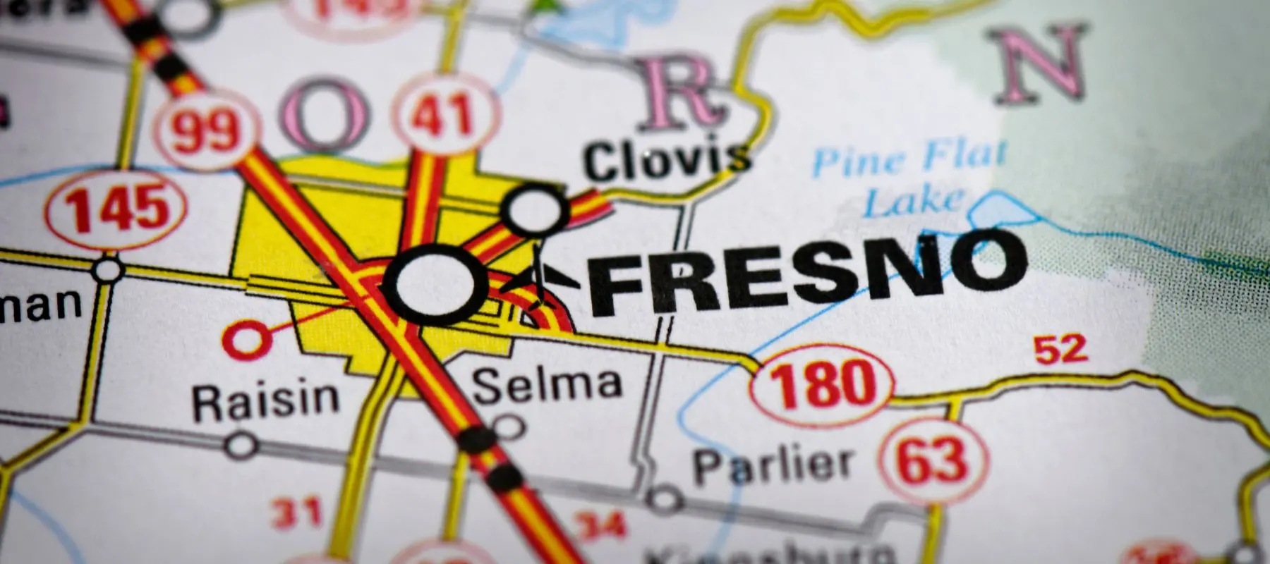 A close-up of a map showing Fresno, California, and surrounding cities like Clovis, Raisin, Selma, and Parlier, with major highways 41, 63, and 180 visible.