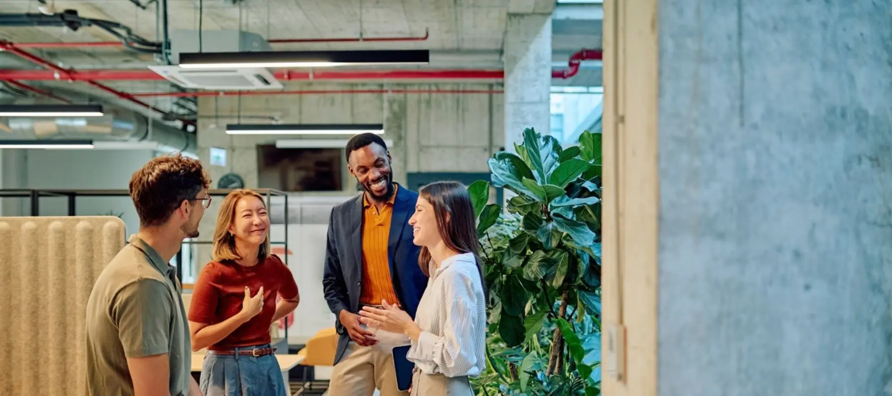 Four people stand together in a modern office, smiling and talking near a large leafy plant. The workspace has exposed concrete ceilings, bright lighting, and an open, collaborative atmosphere.