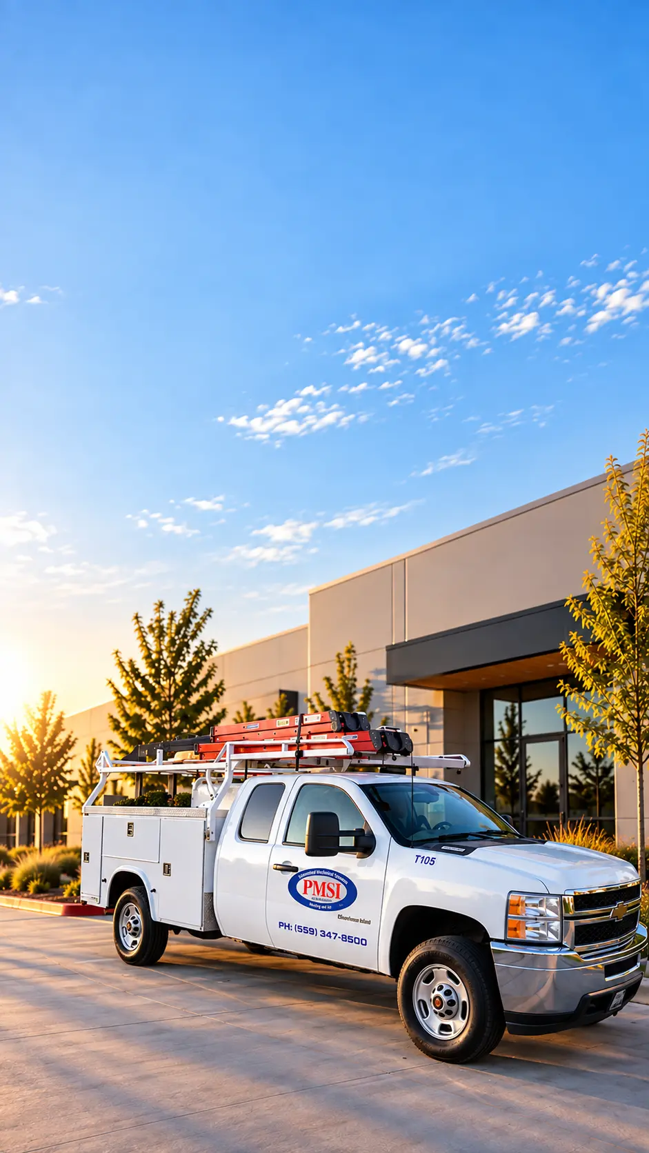 White utility truck with a ladder rack parked in front of a commercial building, displaying the PMSI company logo and phone number.