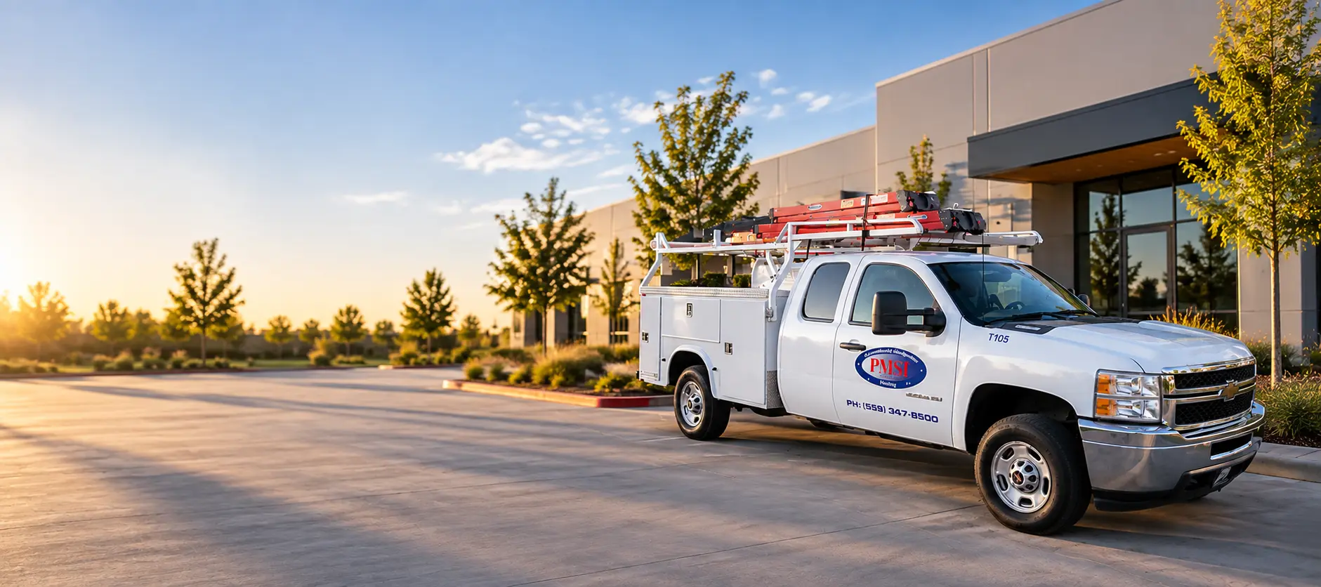 A white utility truck labeled PMSI with a ladder rack parked in front of a commercial building at sunset.